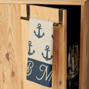 navy blue Anchor with Monogram Beige Coastal Tea Towel