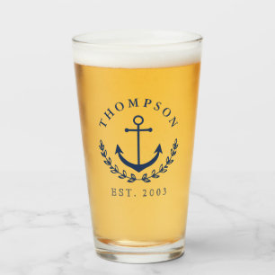 Navy Blue Anchor & Wreath Nautical Name & Year Est Glass