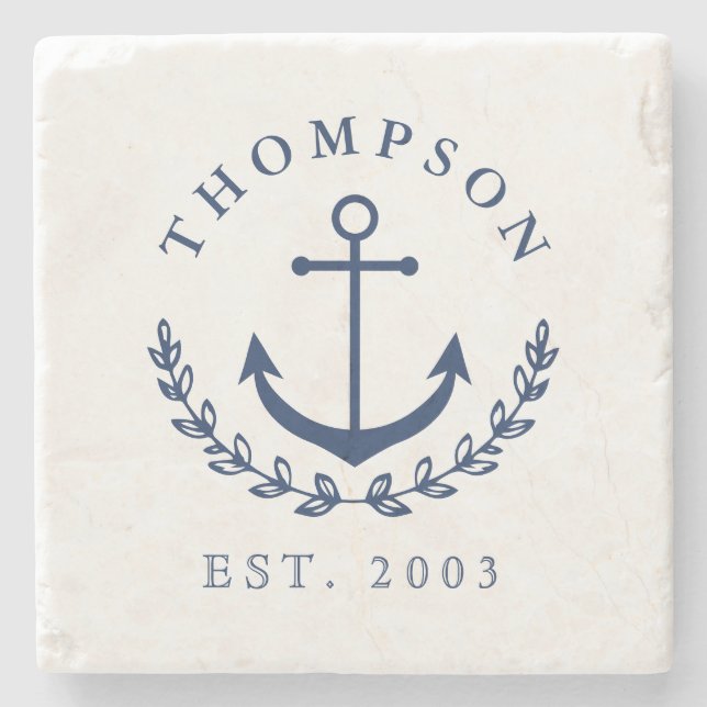 Navy Blue Anchor & Wreath Nautical Name & Year Est Stone Coaster (Front)