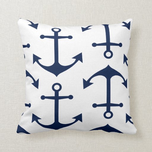 Image of Navy Blue Anchors on White Nautical Throw Pillow