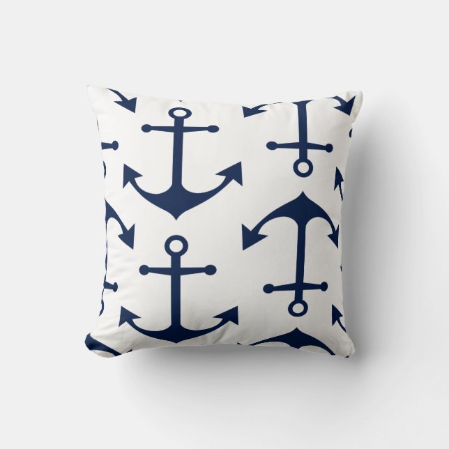 Navy Blue Anchors on White – Timeless Nautical Cushion (Front)