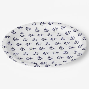 Navy Blue Anchors White Background Pattern Paper Plate