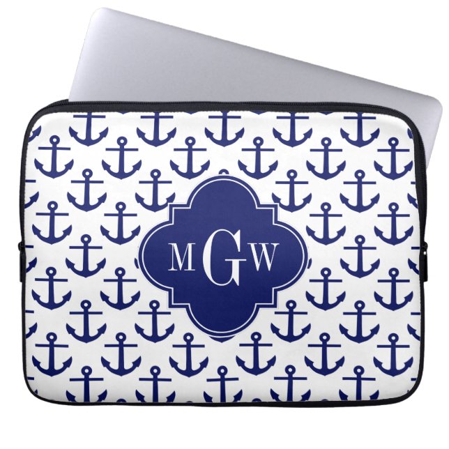 Navy Blue Anchors Wht BG, Navy 3 Initial Monogram Laptop Sleeve (Front)