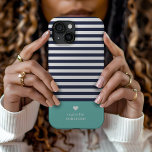 Navy Blue and Aqua Chic Stripes Heart Monogram iPhone 15 Case<br><div class="desc">Stylish custom phone case in aqua, navy blue and white colours. This design features a preppy classic navy and white striped pattern. Personalise it with your name monogram or other custom text with a cute heart symbol. Use the design tools to choose any background colours, edit the text fonts and...</div>