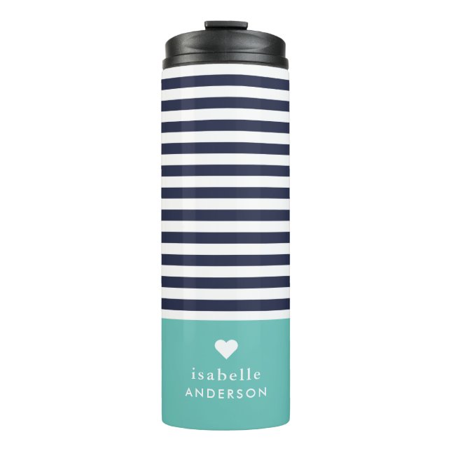 Navy Blue and Aqua Chic Stripes Heart Monogram Thermal Tumbler (Front)