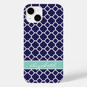 Navy Blue and Aqua Quatrefoil Custom Monogram Case-Mate iPhone 14 Case