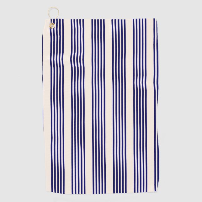 Navy blue and beige five stripes pattern golf towel (Front)