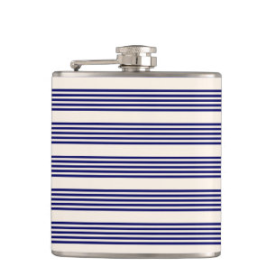Navy blue and beige five stripes pattern hip flask