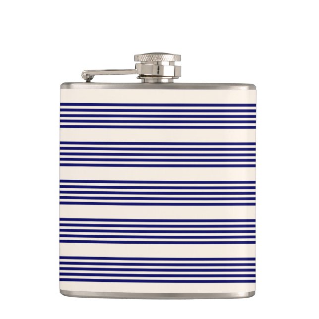Navy blue and beige five stripes pattern hip flask (Front)