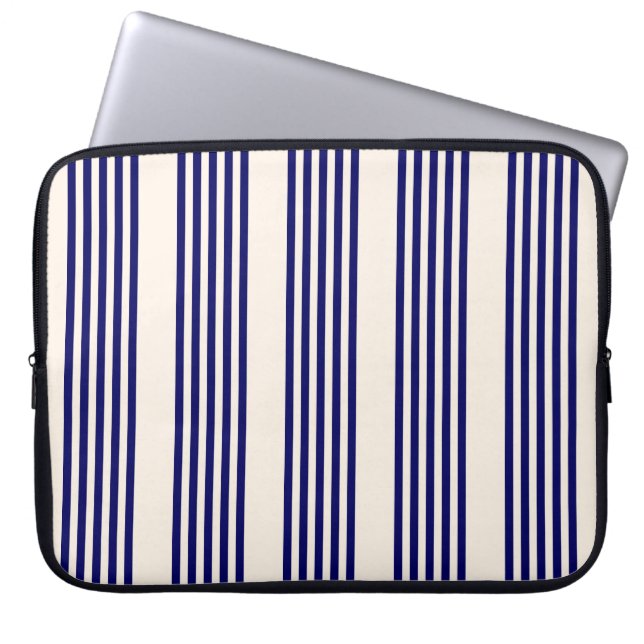 Navy blue and beige five stripes pattern laptop sleeve (Front)