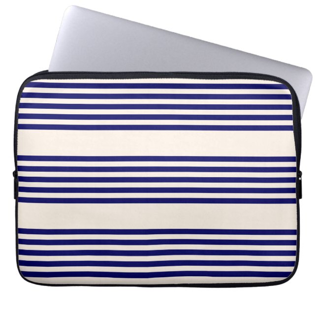 Navy blue and beige five stripes pattern laptop sleeve (Front)