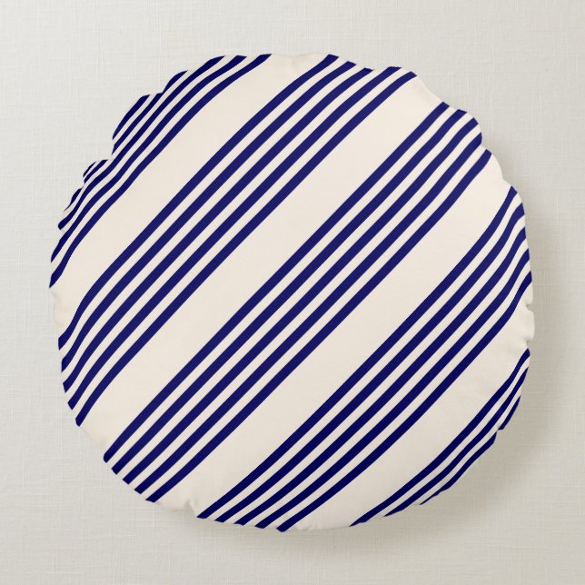 Navy blue and beige five stripes pattern round cushion (Front)