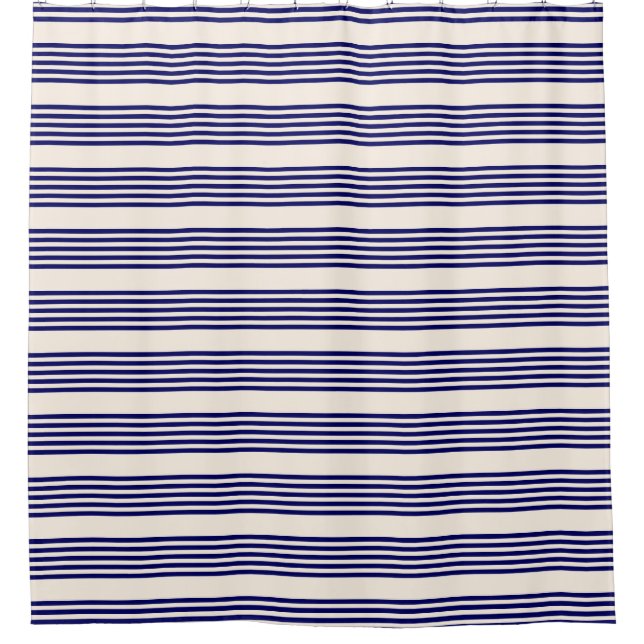 Navy blue and beige five stripes pattern shower curtain (Front)