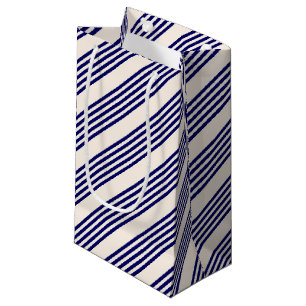 Navy blue and beige five stripes pattern small gift bag