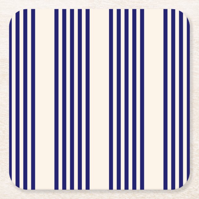 Navy blue and beige five stripes pattern square paper coaster (Front)