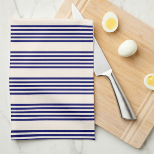 Navy blue and beige five stripes pattern tea towel