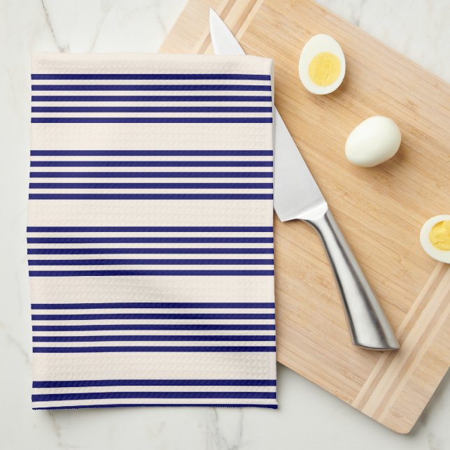 Navy blue and beige five stripes pattern tea towel (Quarter Fold)