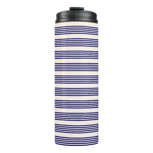 Navy blue and beige five stripes pattern thermal tumbler (Front)