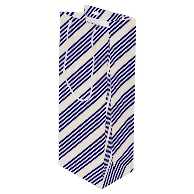 Navy blue and beige five stripes pattern wine gift bag (Front Angled)