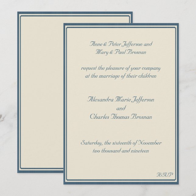 Navy Blue and Beige Framed Wedding Invitation (Front/Back)