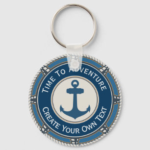 Navy Blue and Beige Round with Coastal Compass Key Ring