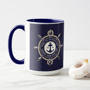 Navy Blue and Beige Round with Coastal Compass Mug