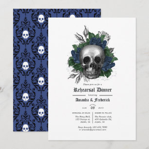 Navy Blue and Black Floral Gothic Rehearsal Dinner Invitation