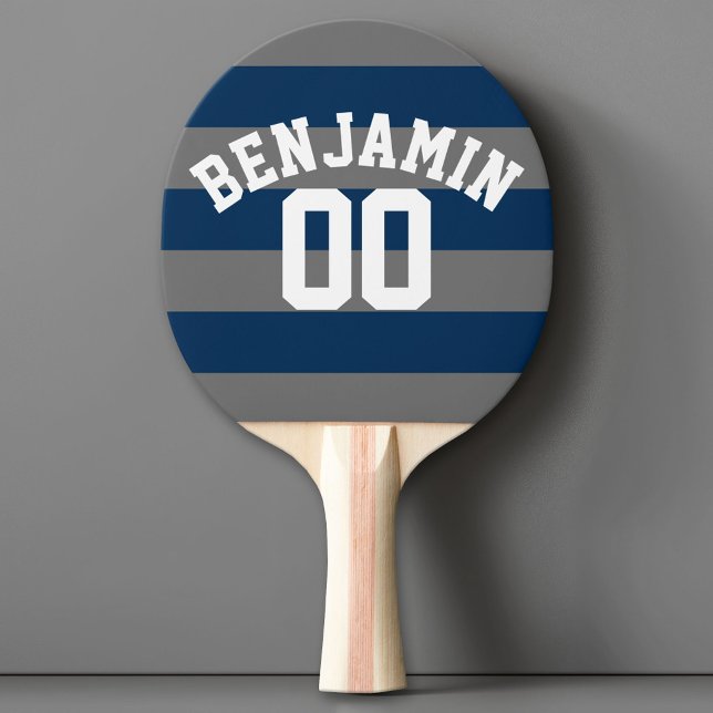 Navy Blue and Black Rugby Stripes Name Number Ping Pong Paddle (Custom Ping Pong Paddle with a Sports Theme)