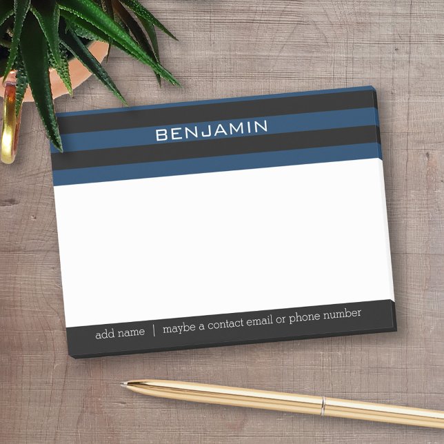 Navy Blue and Black Rugby Stripes with Custom Name Post-it Notes (Personalized Post-It Notes - add name or other text)
