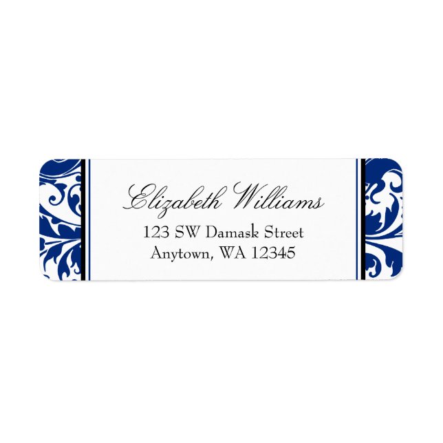 Navy Blue and Black Swirl Damask Return Address (Front)