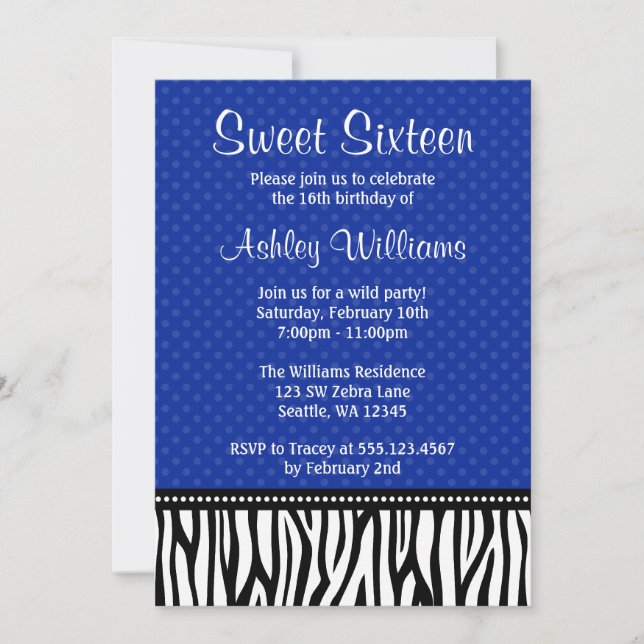 Navy Blue and Black Zebra Polka Dot Sweet 16 Invitation (Front)