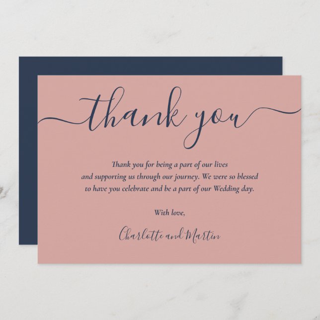 Navy Blue and Blush Elegant Modern Script Thank You Card (Front/Back)