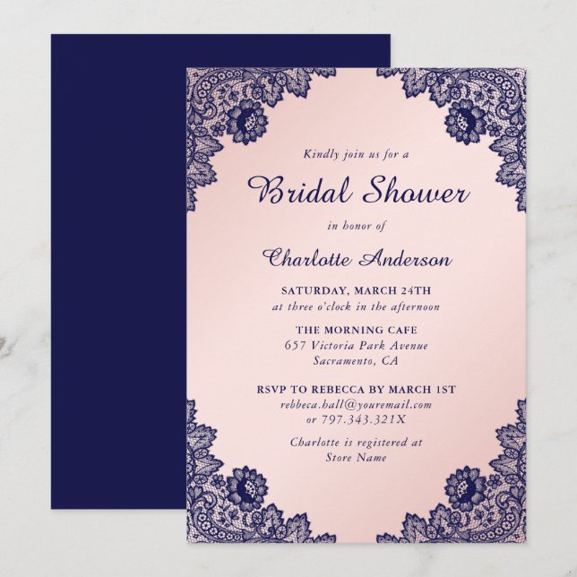 Navy Blue and Blush Floral Bridal Shower Invitation (Front/Back)