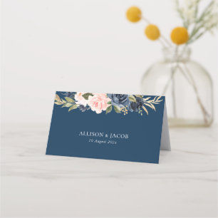 Navy Blue And Blush Floral Folded Wedding Place Card