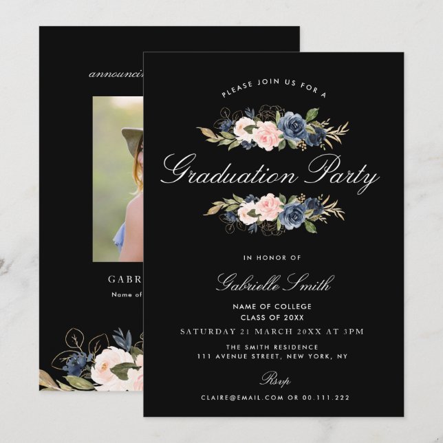 Navy blue and blush floral graduation party invitation (Front/Back)