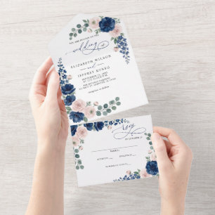 Navy Blue and Blush Floral Modern Wedding All In One Invitation