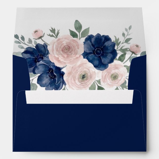 Navy Blue and Blush Floral Modern Wedding Envelope (Back (Bottom))