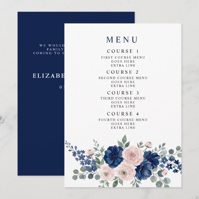 Navy Blue and Blush Floral Modern Wedding Menu (Front/Back)