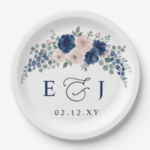 Navy Blue and Blush Floral Modern Wedding Paper Plate