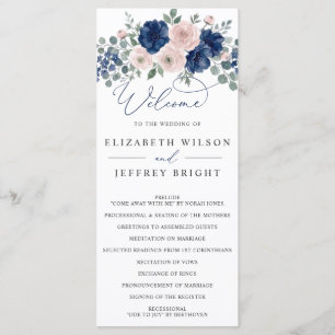 Navy Blue and Blush Floral Modern Wedding Programme