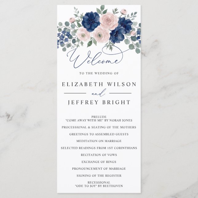 Navy Blue and Blush Floral Modern Wedding Programme (Front)