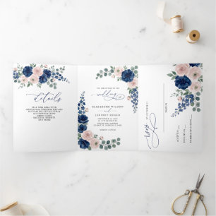 Navy Blue and Blush Floral Modern Wedding Tri-Fold Invitation