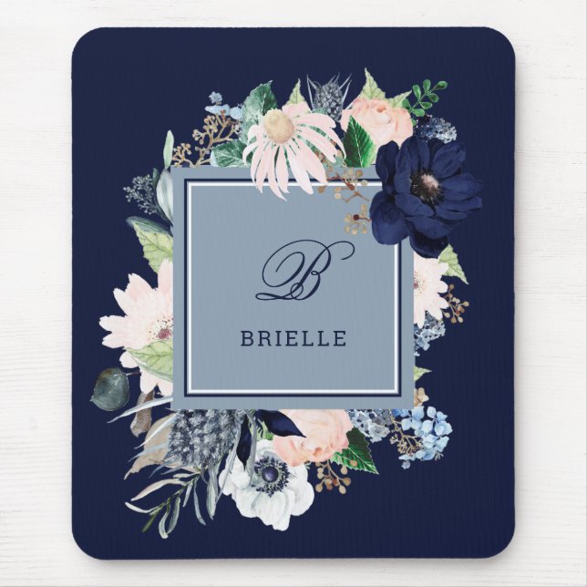 Navy Blue and Blush Floral | Name and Monogram Mouse Mat (Front)