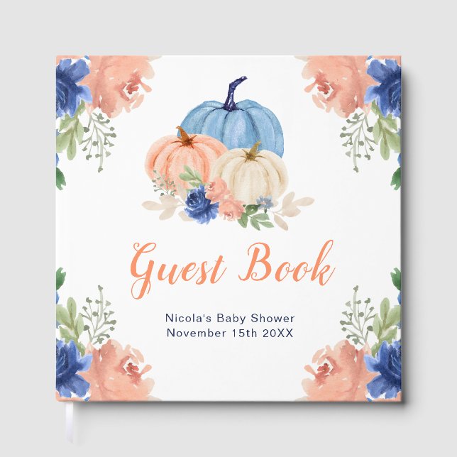 Navy Blue and Blush Floral Pumpkins Baby Shower Guest Book (Front)