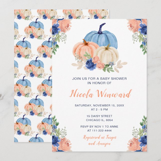 Navy Blue and Blush Floral Pumpkins Baby Shower Invitation (Front/Back)