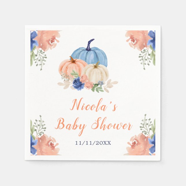 Navy Blue and Blush Floral Pumpkins Baby Shower Napkin (Front)