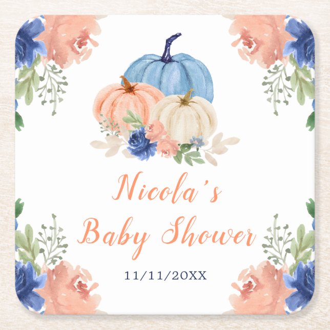 Navy Blue and Blush Floral Pumpkins Baby Shower Square Paper Coaster (Front)