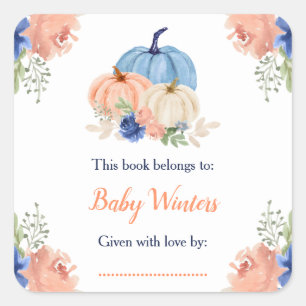 Navy Blue and Blush Floral Pumpkins Baby Shower Square Sticker