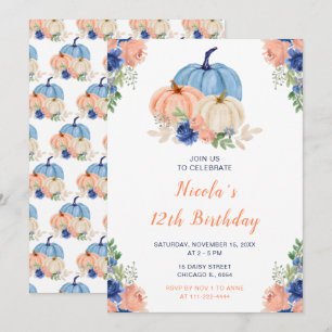 Navy Blue and Blush Floral Pumpkins Birthday Invitation