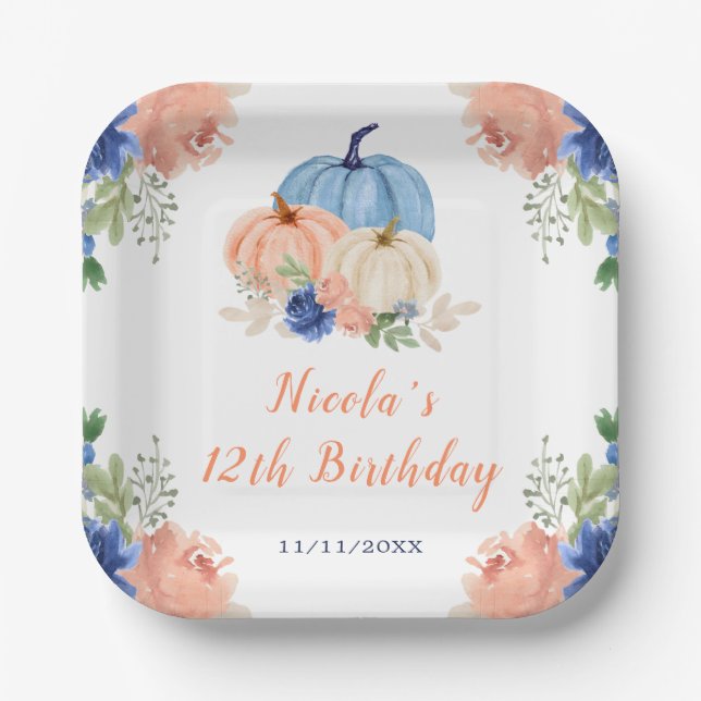 Navy Blue and Blush Floral Pumpkins Birthday Paper Plate (Front)